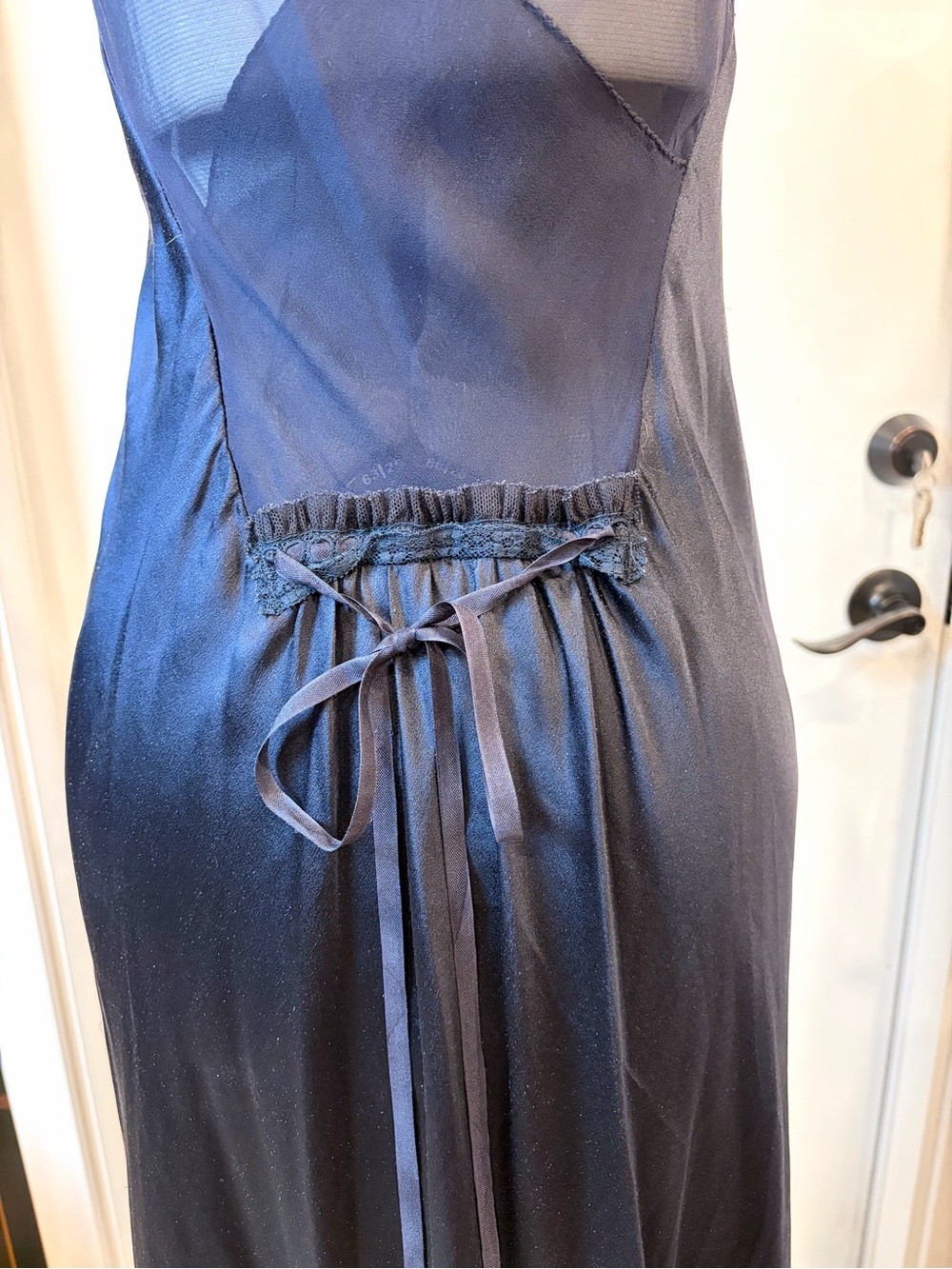 Vintage slip dress, 20’s style, silk satin&chiffon, lace details, navy,4, EUC - Picture 9 of 11
